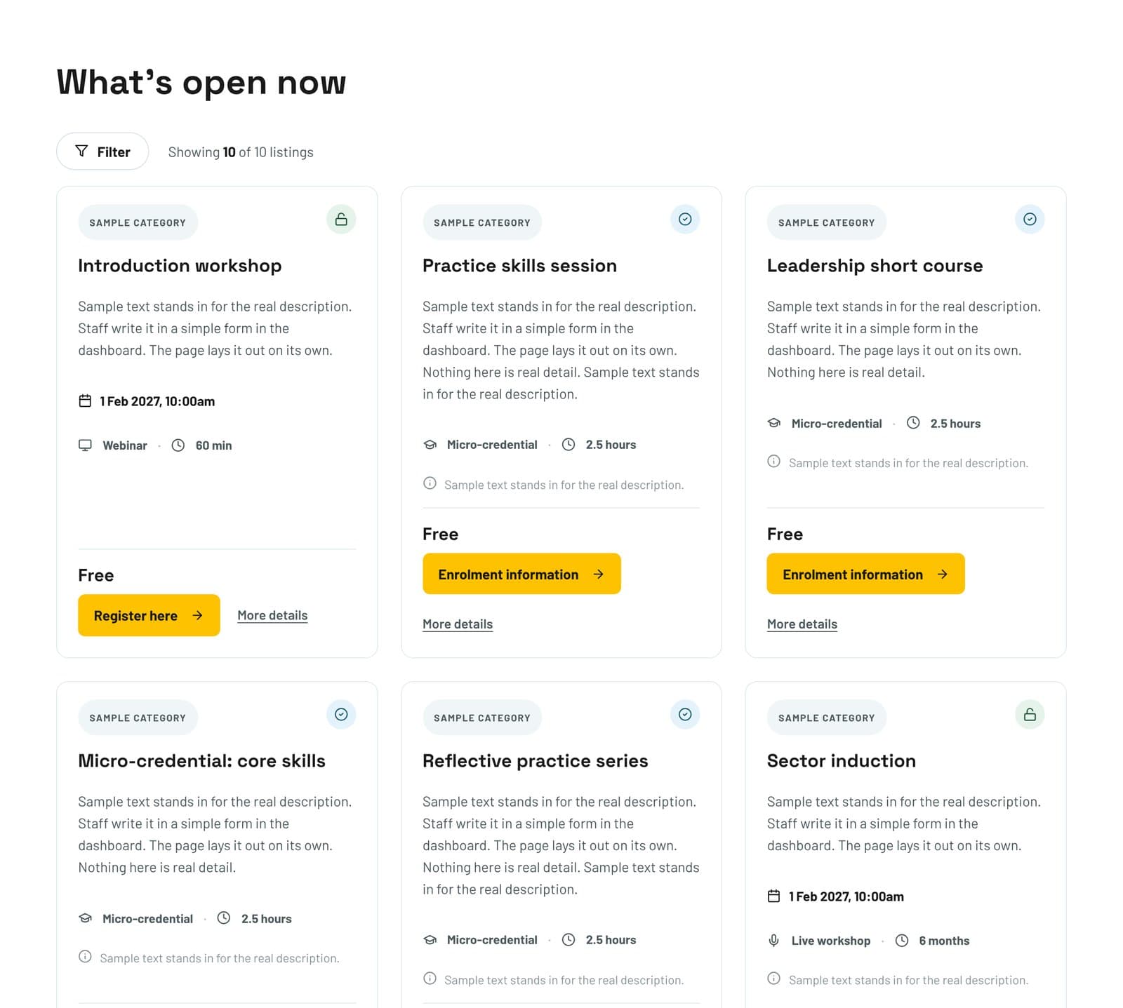 Course catalogue built by the plugin, with a filter, course cards and enrol buttons. Text is sample text.